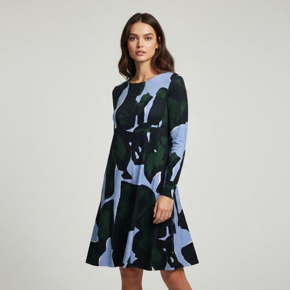 COS Women Blue Green Abstract Print Long Sleeve A-Line Mini Dress Size XS